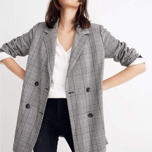 Gray Plaid Oversized Blazer with Notched Lapels